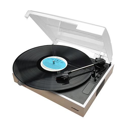 mbeat® Wooden Style USB Turntable Recorder featuring a retro suitcase design with a wooden frame and built-in speaker.