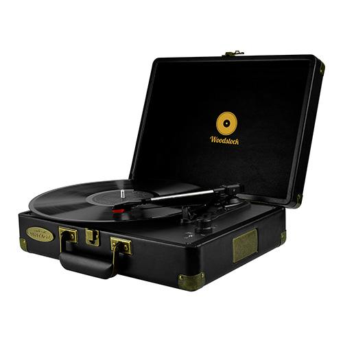 mbeat® Woodstock Retro Turntable Player in black, featuring a stylish brief-case design with built-in speakers and controls.