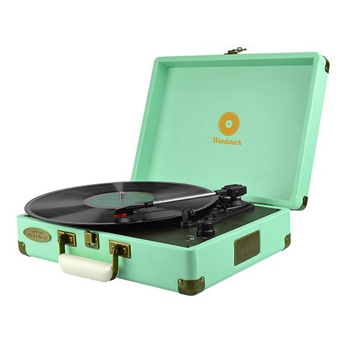 mbeat® Woodstock Retro Turntable Player in Tiffany Blue showcasing its vintage design and built-in speakers.