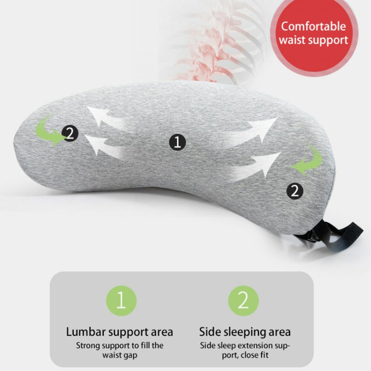 Memory Cotton Lumbar Pillow in crescent shape, designed for sleep and waist support, featuring a soft fabric cover and memory foam core.