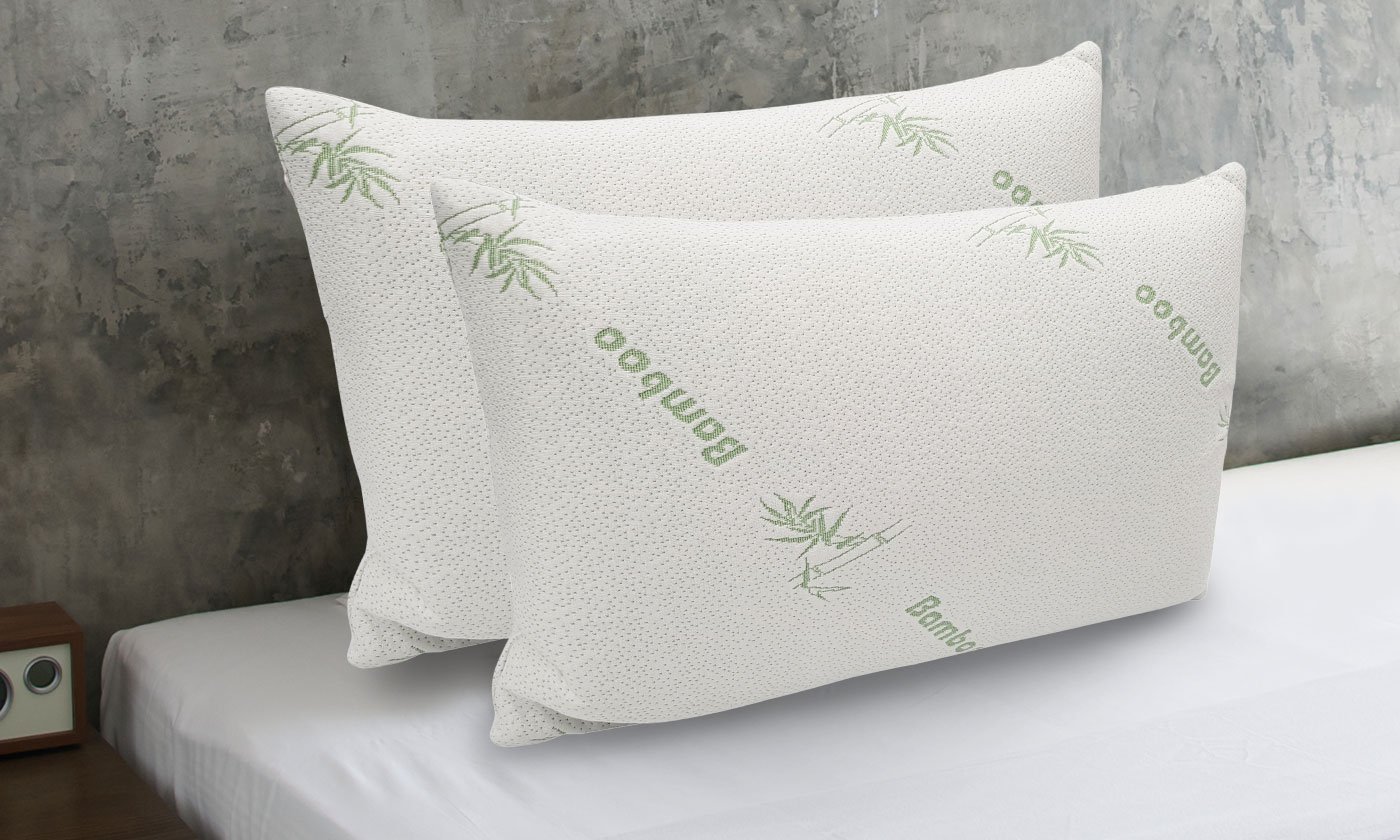 Bamboo-Covered Memory Foam Pillow with soft texture and removable cover, ideal for restful sleep.