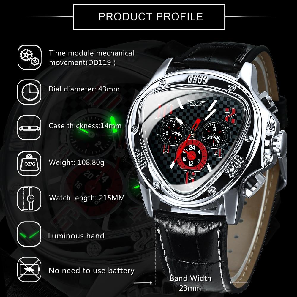 Men's automatic mechanical wrist watch featuring a geometric triangle design, genuine leather band, and stainless steel case.