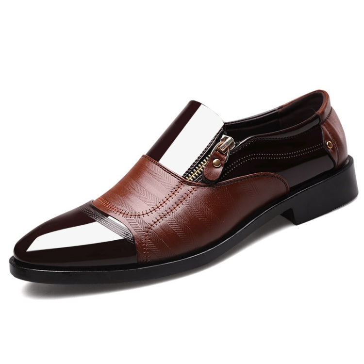 Brown Men Business Dress Pointed Toe Slip-On Shoes, size 46, showcasing elegant design and quality materials.