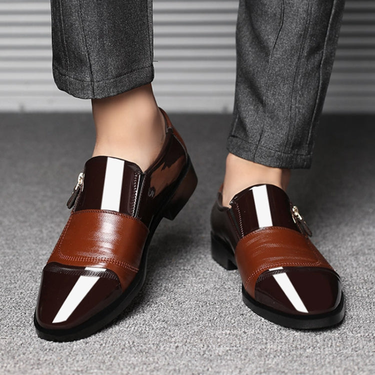 Brown Men Business Dress Pointed Toe Slip-On Shoes, size 46, showcasing elegant design and quality materials.