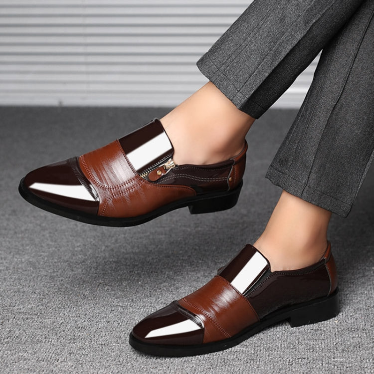 Brown Men Business Dress Pointed Toe Slip-On Shoes, size 46, showcasing elegant design and quality materials.