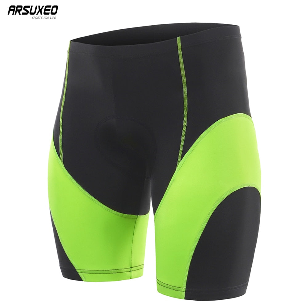 Men's cycling pad shorts in red, green, and gray, featuring shockproof padding and quick-dry fabric, ideal for mountain biking.