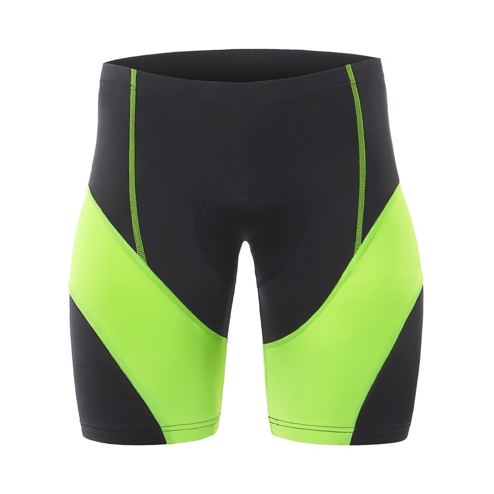 Men's cycling pad shorts in red, green, and gray, featuring shockproof padding and quick-dry fabric, ideal for mountain biking.