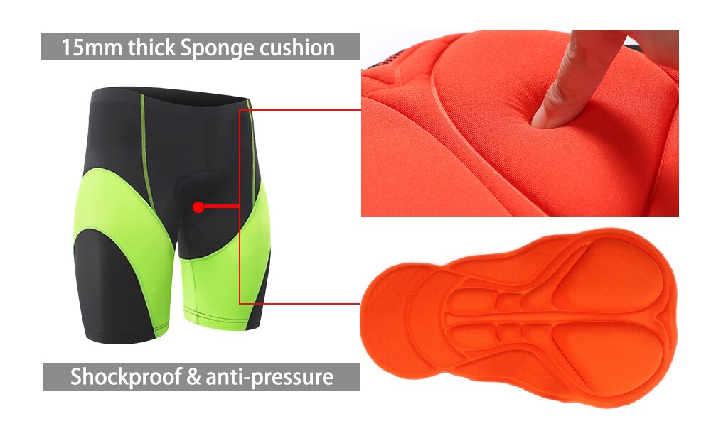 Men's cycling pad shorts in red, green, and gray, featuring shockproof padding and quick-dry fabric, ideal for mountain biking.