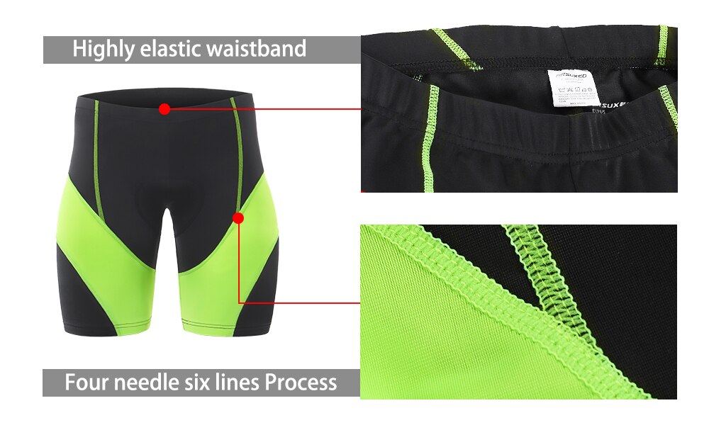 Men's cycling pad shorts in red, green, and gray, featuring shockproof padding and quick-dry fabric, ideal for mountain biking.