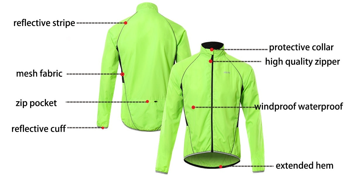 Men's cycling windbreaker jacket in vibrant color, showcasing windproof and waterproof features, ideal for mountain biking.