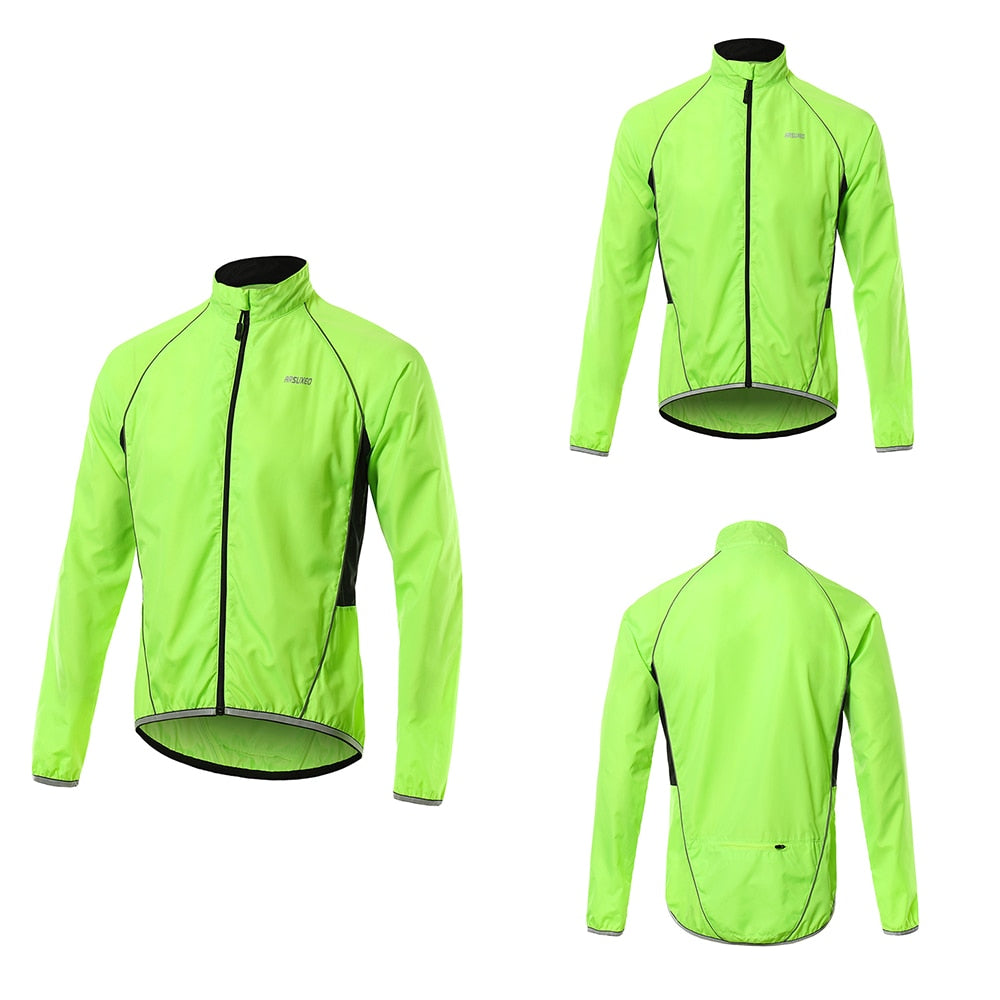 Men's cycling windbreaker jacket in vibrant color, showcasing windproof and waterproof features, ideal for mountain biking.