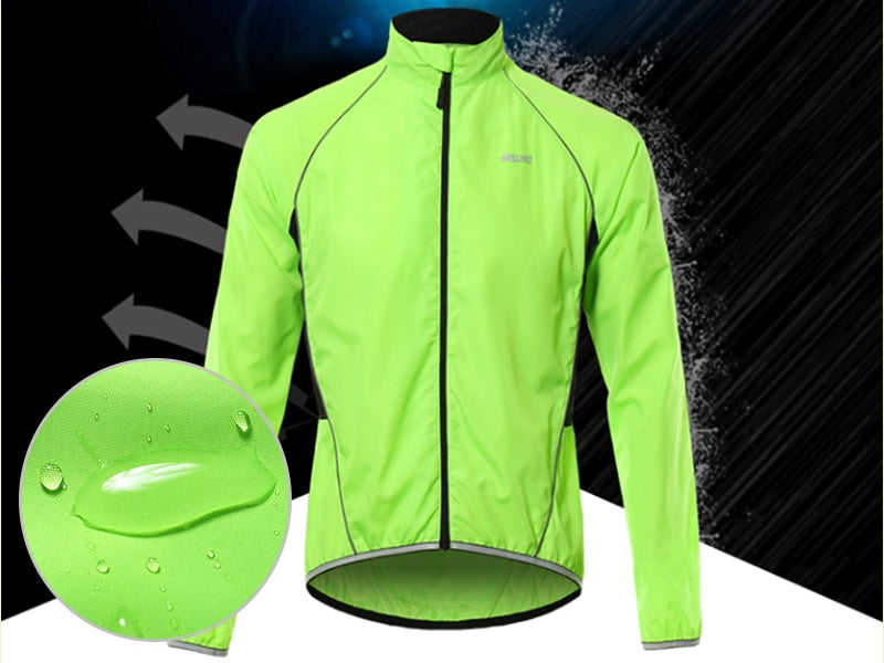 Men's cycling windbreaker jacket in vibrant color, showcasing windproof and waterproof features, ideal for mountain biking.