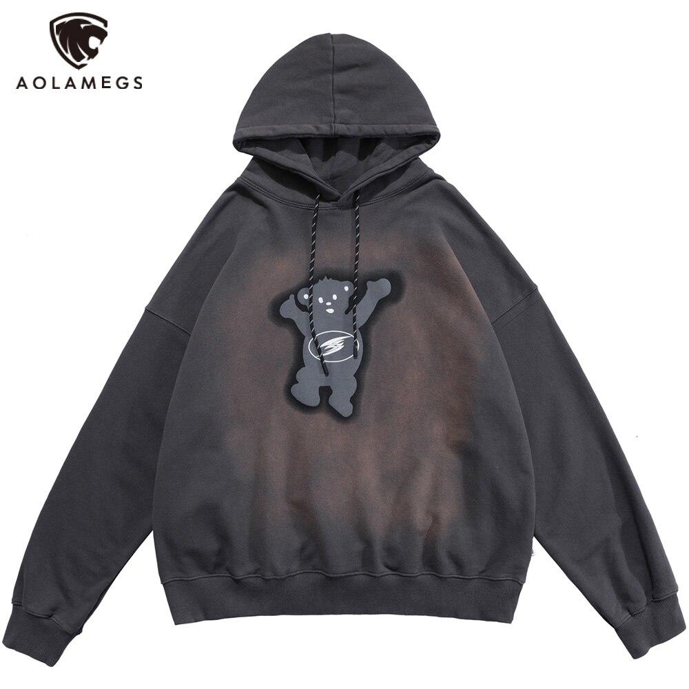 Men's oversized hoodie featuring a funny bear letter print in black, gray, and pink colors, perfect for casual streetwear.