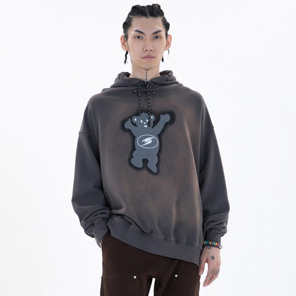 Men's oversized hoodie featuring a funny bear letter print in black, gray, and pink colors, perfect for casual streetwear.