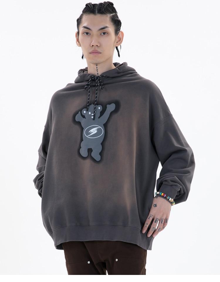 Men's oversized hoodie featuring a funny bear letter print in black, gray, and pink colors, perfect for casual streetwear.