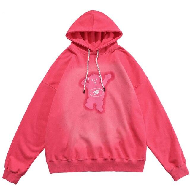 Men's oversized hoodie featuring a funny bear letter print in black, gray, and pink colors, perfect for casual streetwear.