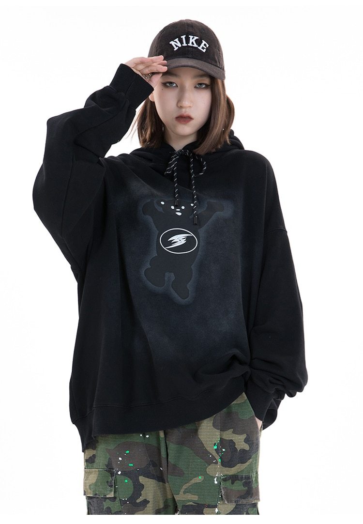 Men's oversized hoodie featuring a funny bear letter print in black, gray, and pink colors, perfect for casual streetwear.