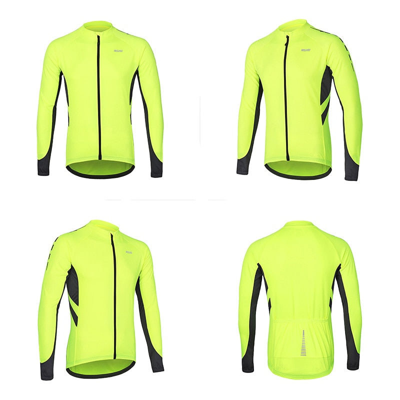 Men's long sleeve cycling jersey in vibrant colors, featuring a full zipper and multiple pockets, designed for quick drying and comfort during rides.