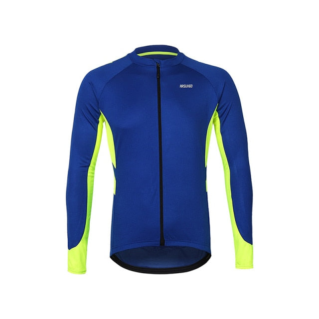 Men's long sleeve cycling jersey in vibrant colors, featuring a full zipper and multiple pockets, designed for quick drying and comfort during rides.