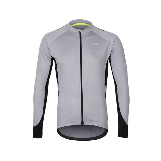 Men's long sleeve cycling jersey in vibrant colors, featuring a full zipper and multiple pockets, designed for quick drying and comfort during rides.