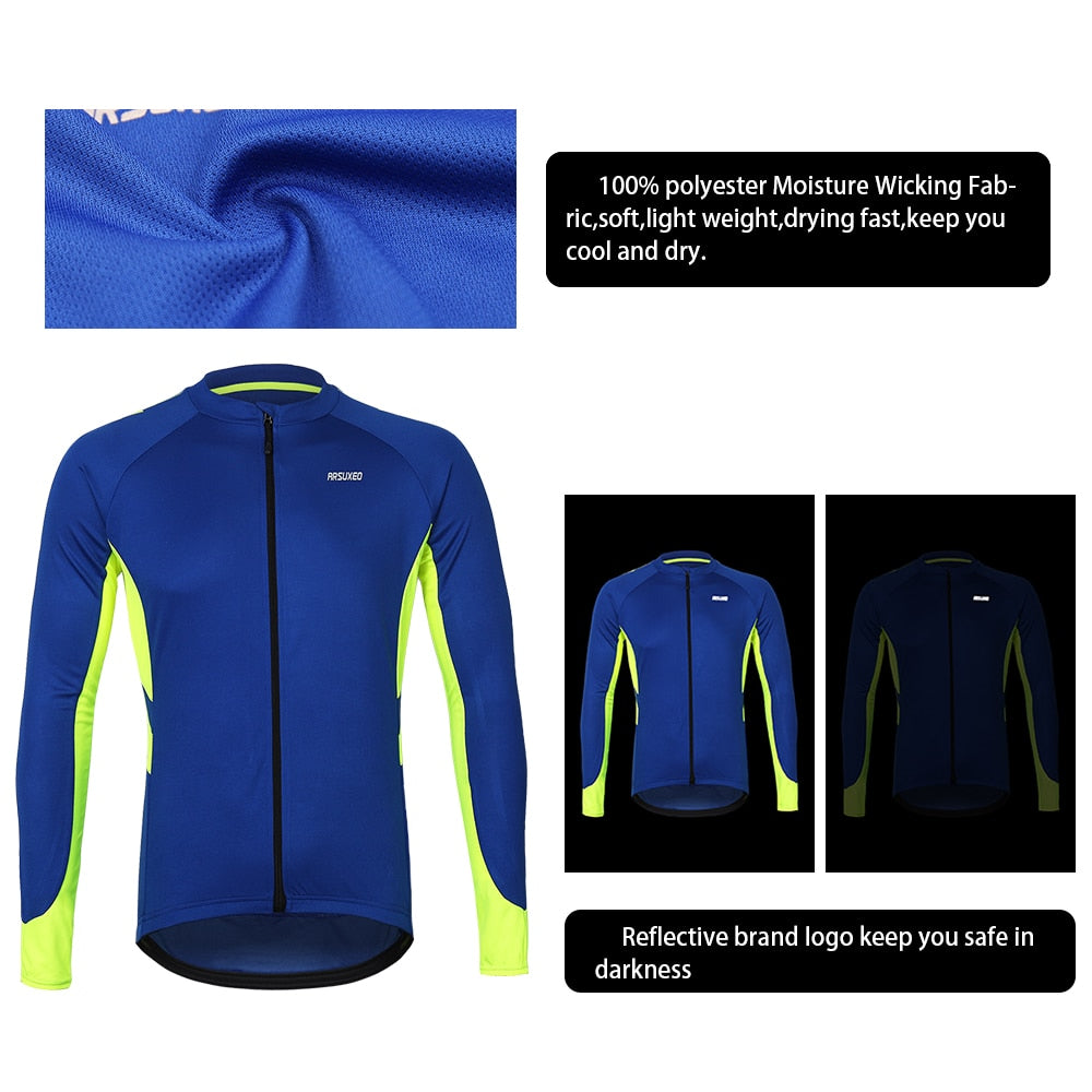 Men's long sleeve cycling jersey in vibrant colors, featuring a full zipper and multiple pockets, designed for quick drying and comfort during rides.