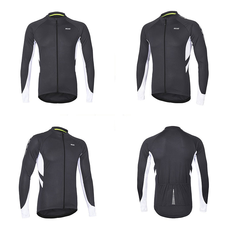 Men's long sleeve cycling jersey in vibrant colors, featuring a full zipper and multiple pockets, designed for quick drying and comfort during rides.