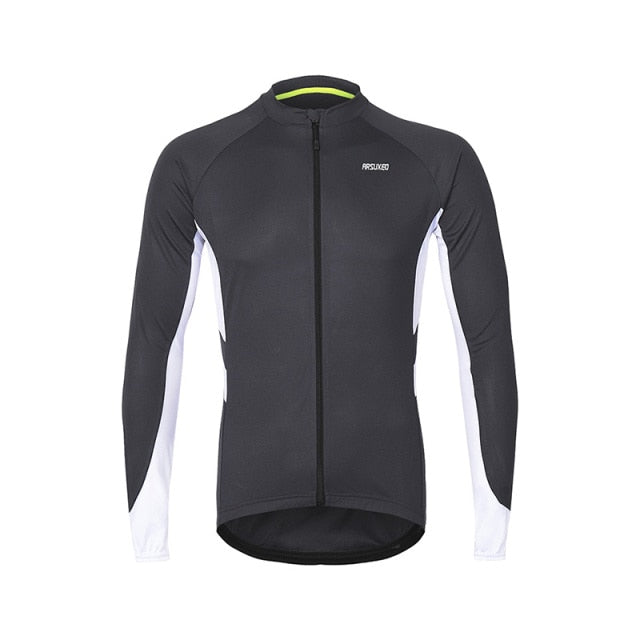 Men's long sleeve cycling jersey in vibrant colors, featuring a full zipper and multiple pockets, designed for quick drying and comfort during rides.