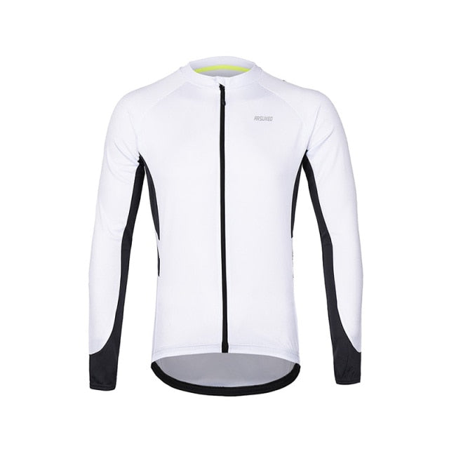 Men's long sleeve cycling jersey in vibrant colors, featuring a full zipper and multiple pockets, designed for quick drying and comfort during rides.