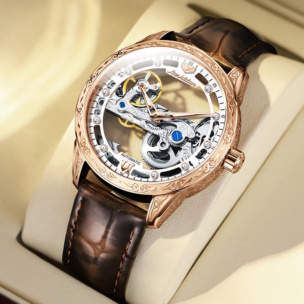 JSDUN Men Mechanical Watch featuring automatic movement, leather strap, and sapphire crystal dial, showcasing a luxurious skeleton design.