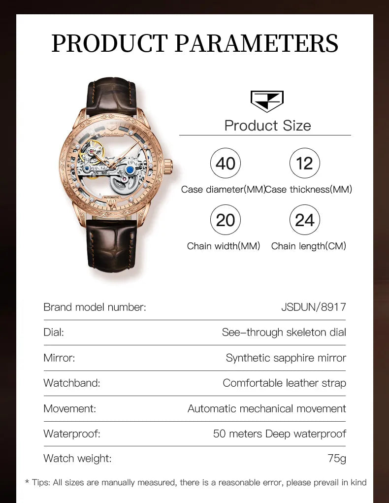 JSDUN Men Mechanical Watch featuring automatic movement, leather strap, and sapphire crystal dial, showcasing a luxurious skeleton design.