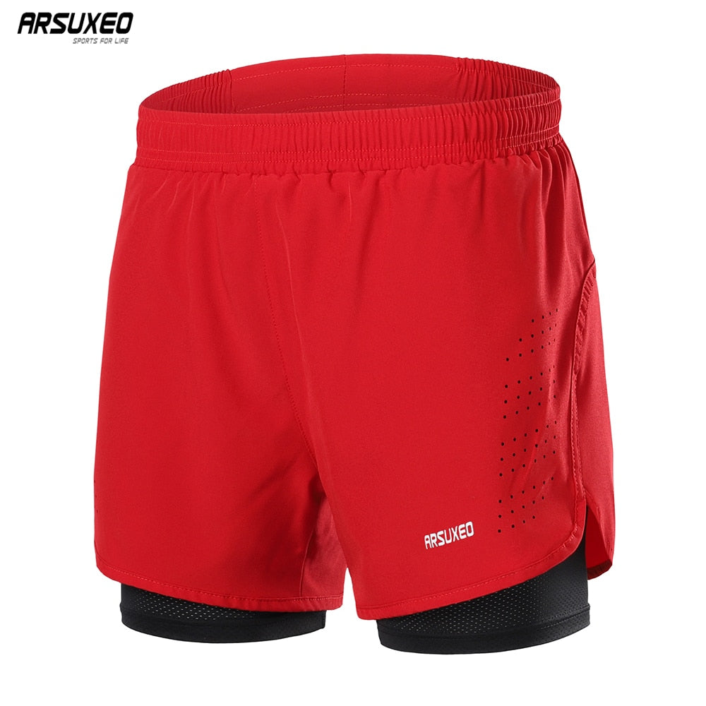 Men's running shorts featuring a 2 in 1 design with a longer liner, made from stretchable and quick-dry materials, ideal for outdoor sports and gym workouts.