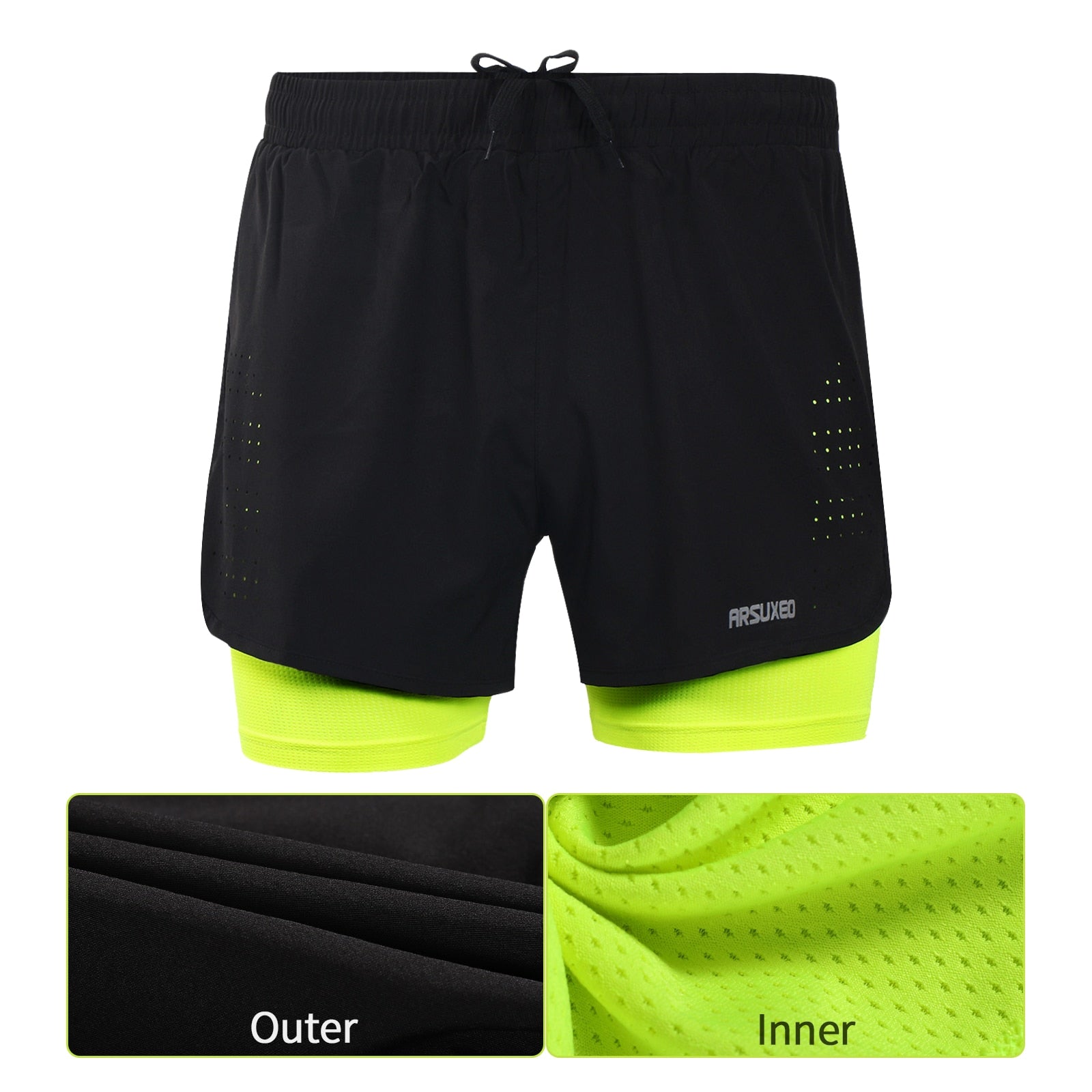 Men's running shorts featuring a 2 in 1 design with a longer liner, made from stretchable and quick-dry materials, ideal for outdoor sports and gym workouts.