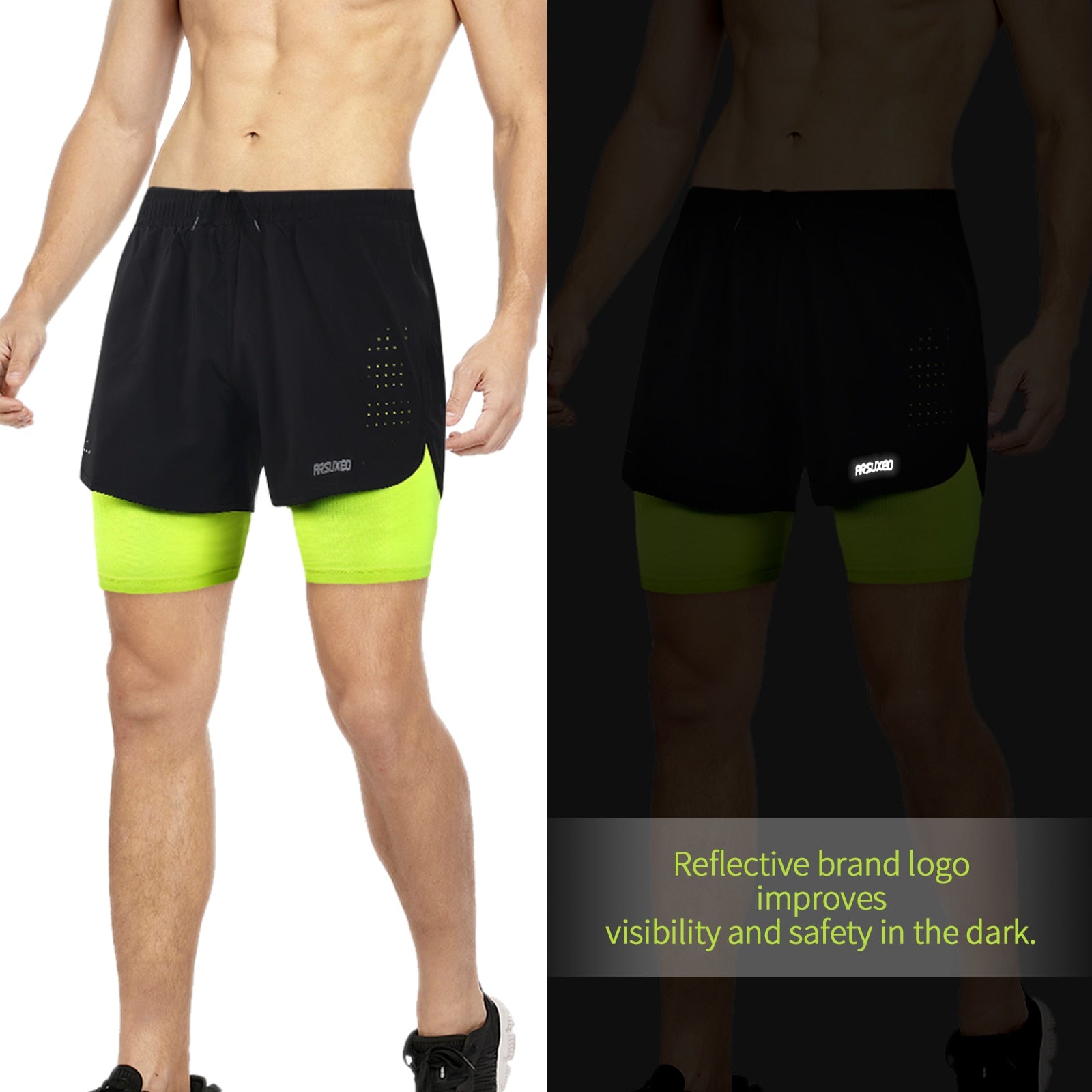 Men's running shorts featuring a 2 in 1 design with a longer liner, made from stretchable and quick-dry materials, ideal for outdoor sports and gym workouts.