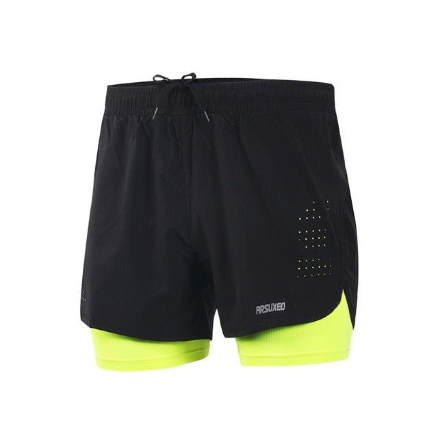 Men's running shorts featuring a 2 in 1 design with a longer liner, made from stretchable and quick-dry materials, ideal for outdoor sports and gym workouts.