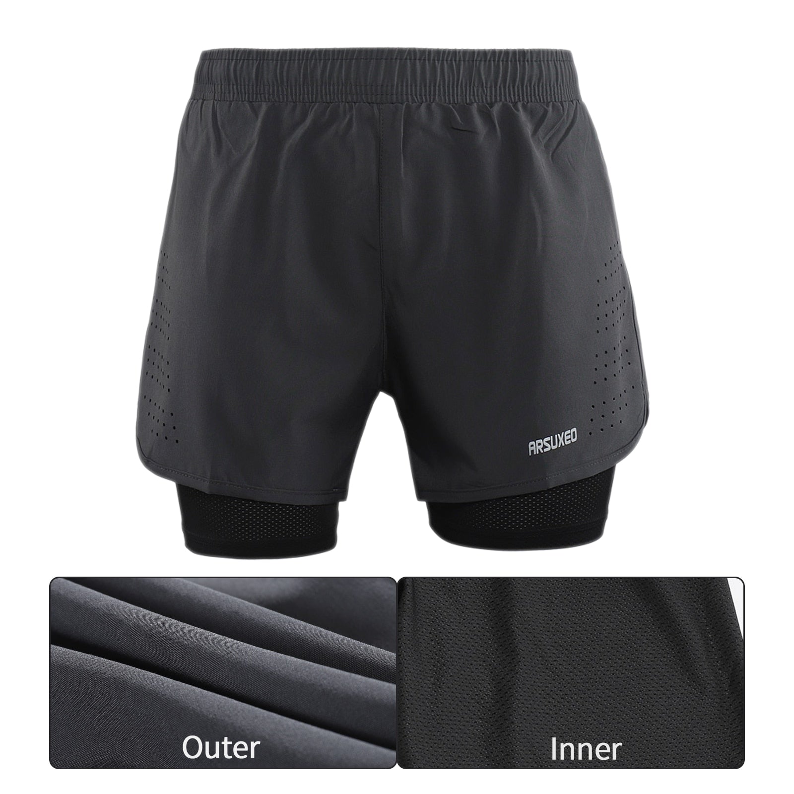 Men's running shorts featuring a 2 in 1 design with a longer liner, made from stretchable and quick-dry materials, ideal for outdoor sports and gym workouts.