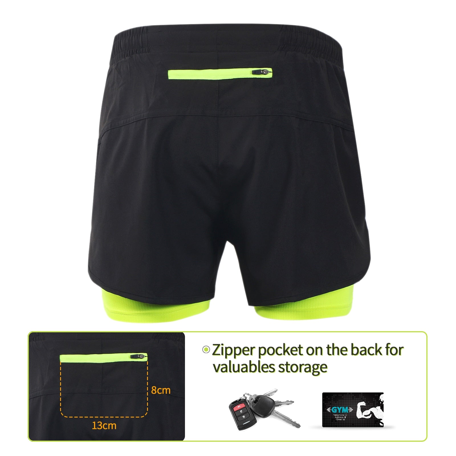 Men's running shorts featuring a 2 in 1 design with a longer liner, made from stretchable and quick-dry materials, ideal for outdoor sports and gym workouts.