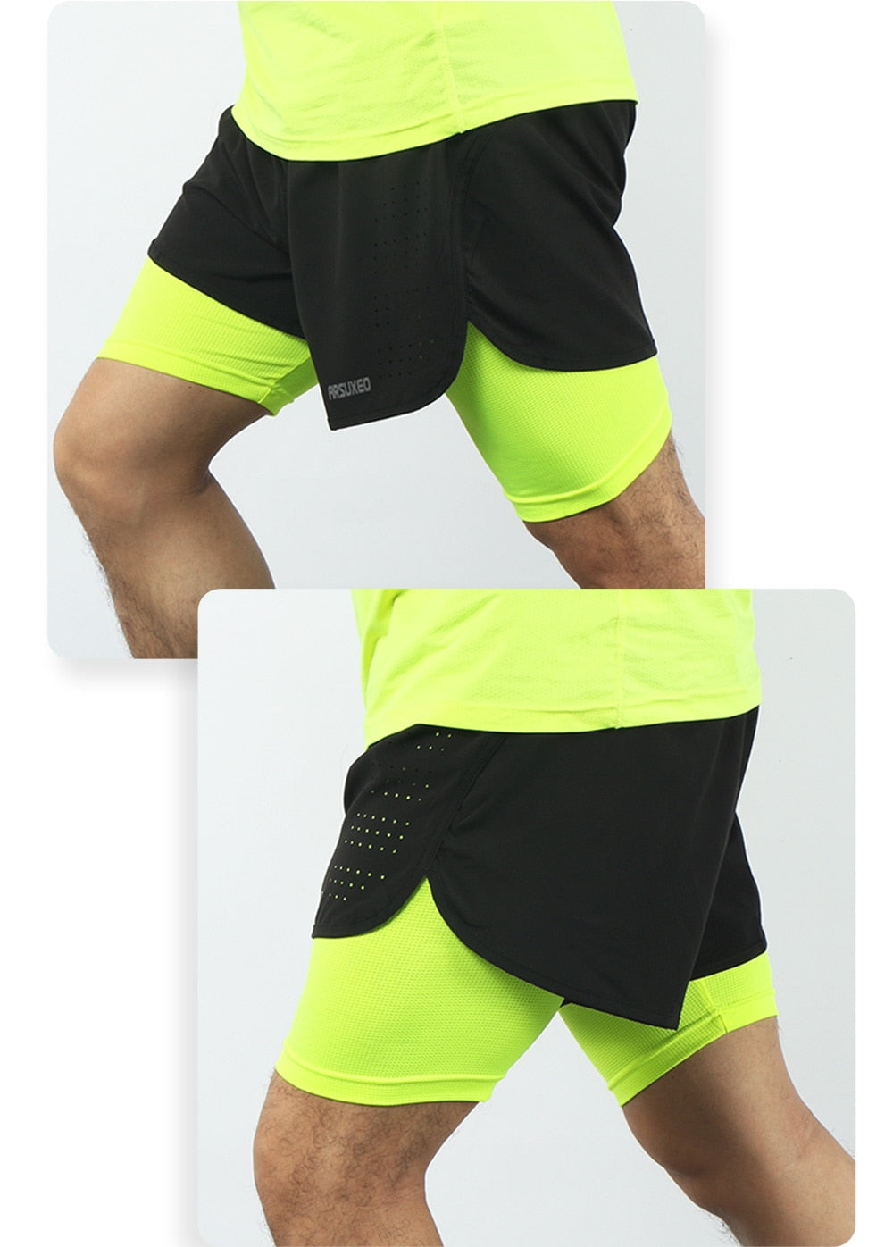 Men's running shorts featuring a 2 in 1 design with a longer liner, made from stretchable and quick-dry materials, ideal for outdoor sports and gym workouts.