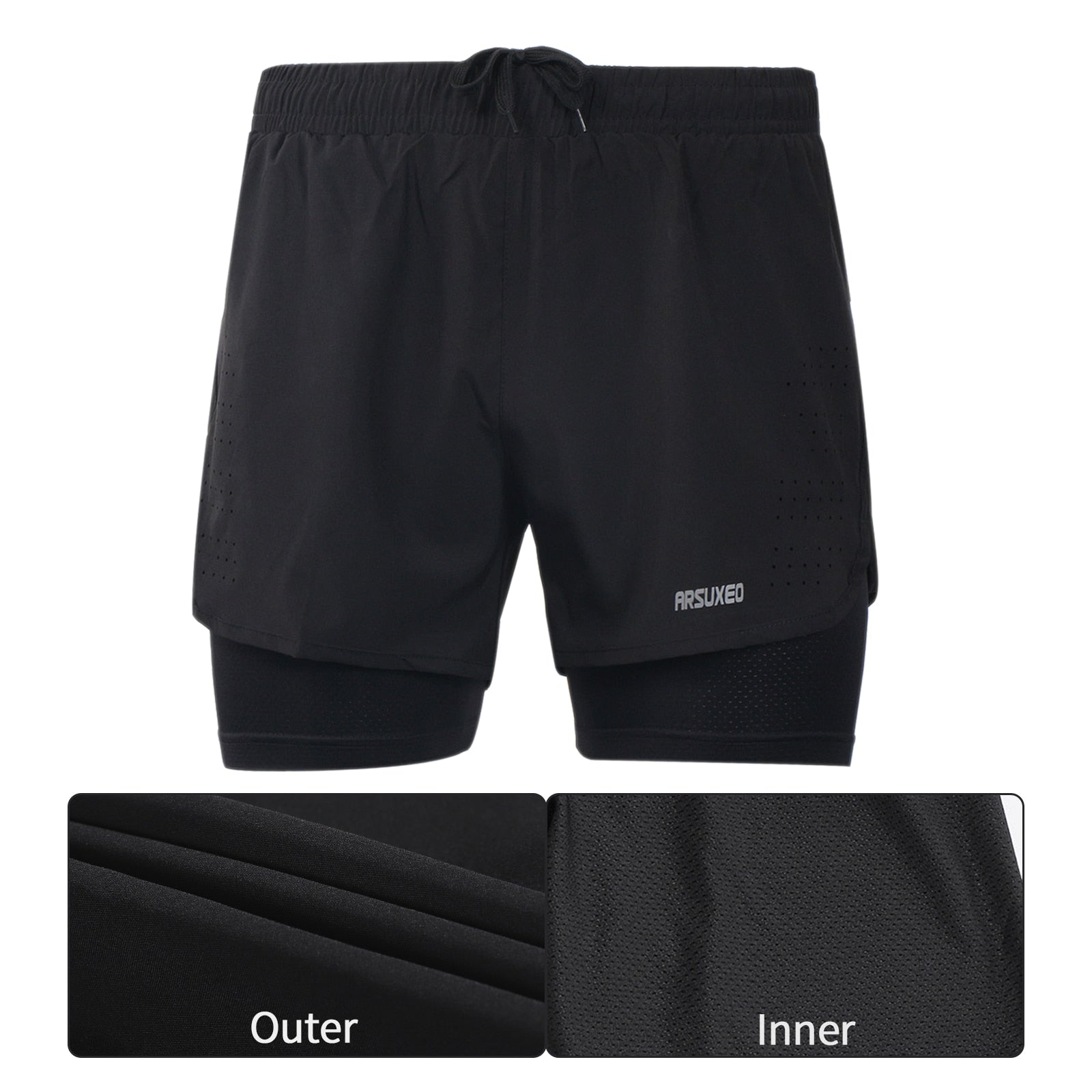 Men's running shorts featuring a 2 in 1 design with a longer liner, made from stretchable and quick-dry materials, ideal for outdoor sports and gym workouts.