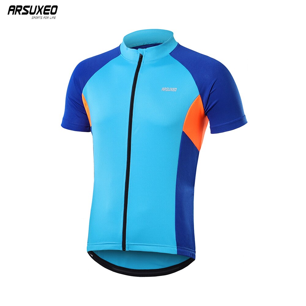 Men's short sleeves cycling jersey in red, blue, green, and gray, featuring quick-dry fabric and reflective details for safety.