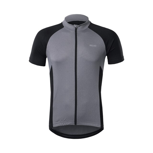 Men's short sleeves cycling jersey in red, blue, green, and gray, featuring quick-dry fabric and reflective details for safety.