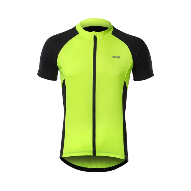 Men's short sleeves cycling jersey in red, blue, green, and gray, featuring quick-dry fabric and reflective details for safety.