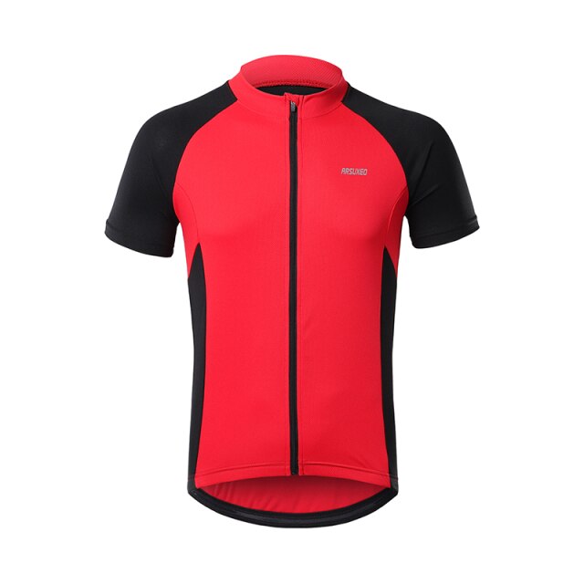 Men's short sleeves cycling jersey in red, blue, green, and gray, featuring quick-dry fabric and reflective details for safety.