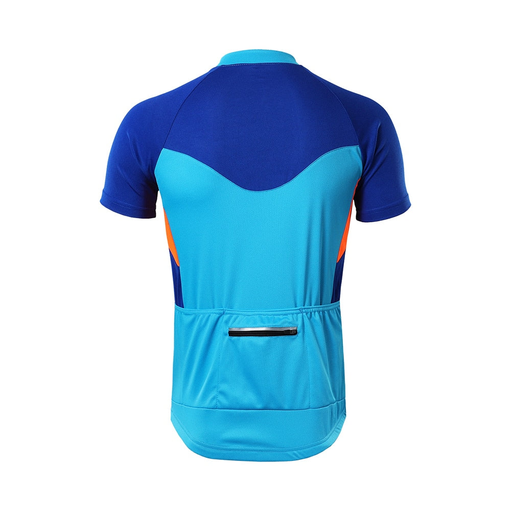 Men's short sleeves cycling jersey in red, blue, green, and gray, featuring quick-dry fabric and reflective details for safety.