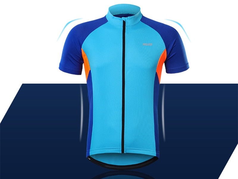 Men's short sleeves cycling jersey in red, blue, green, and gray, featuring quick-dry fabric and reflective details for safety.