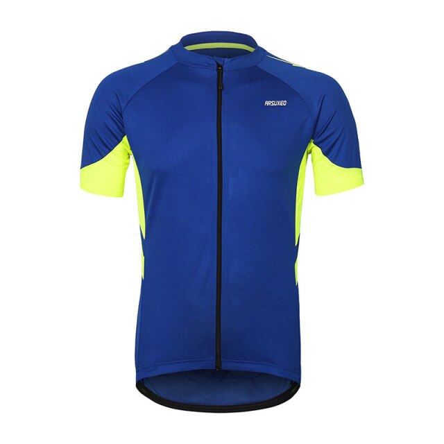 Men's short sleeves cycling jersey in vibrant colors, featuring a full zipper and breathable fabric, ideal for biking in various seasons.