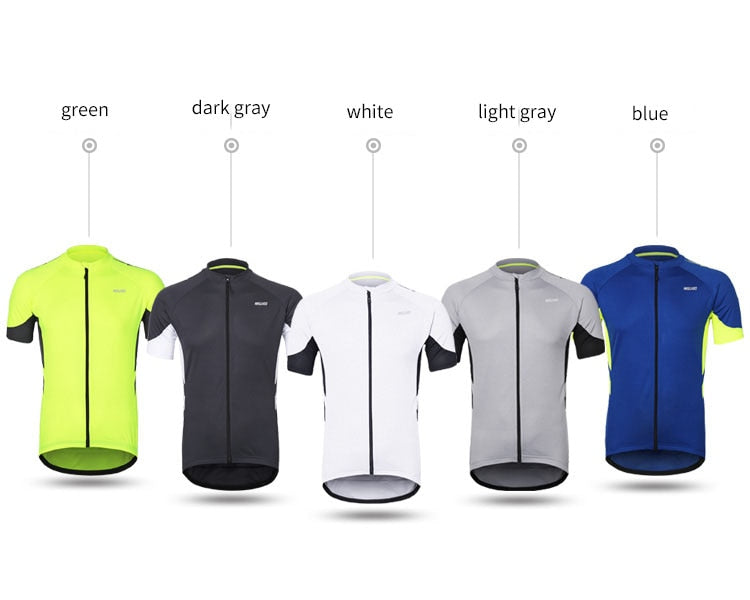 Men's short sleeves cycling jersey in vibrant colors, featuring a full zipper and breathable fabric, ideal for biking in various seasons.