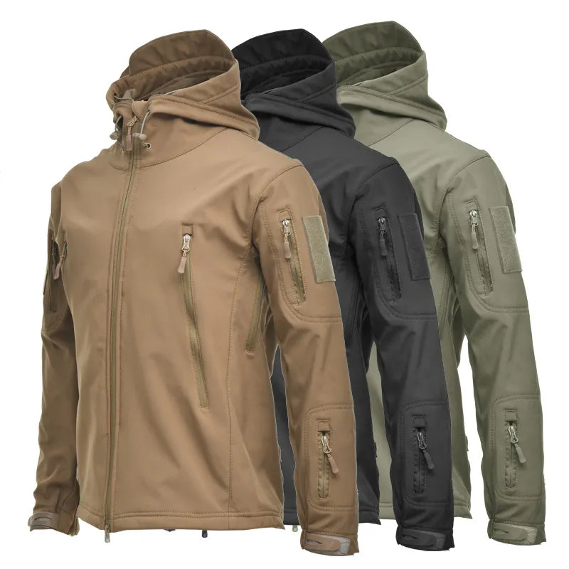 Men's US Military Winter Thermal Fleece Tactical Jacket in outdoor setting, showcasing its hood and fleece material.