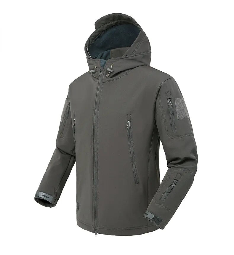 Men's US Military Winter Thermal Fleece Tactical Jacket in outdoor setting, showcasing its hood and fleece material.