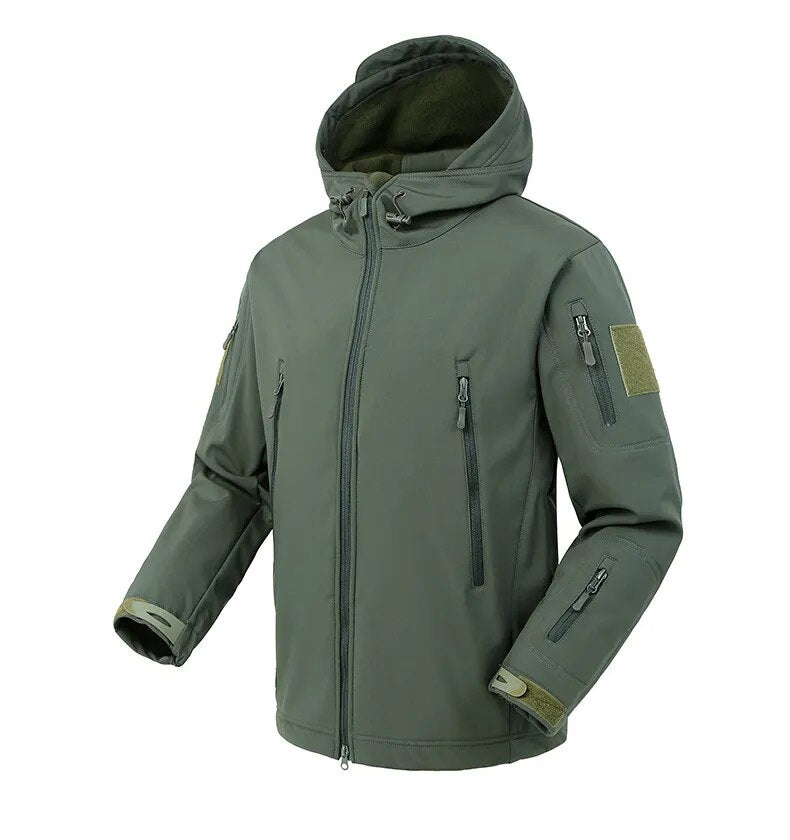 Men's US Military Winter Thermal Fleece Tactical Jacket in outdoor setting, showcasing its hood and fleece material.