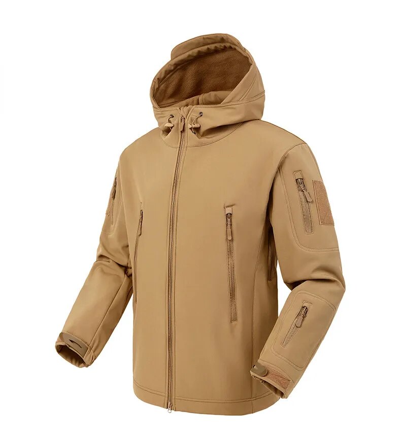 Men's US Military Winter Thermal Fleece Tactical Jacket in outdoor setting, showcasing its hood and fleece material.